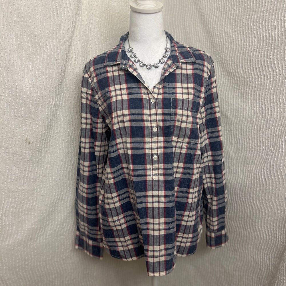 J.Crew Flannel Shirt Women’s Large Blue Red White Plaid Boyfriend Fit